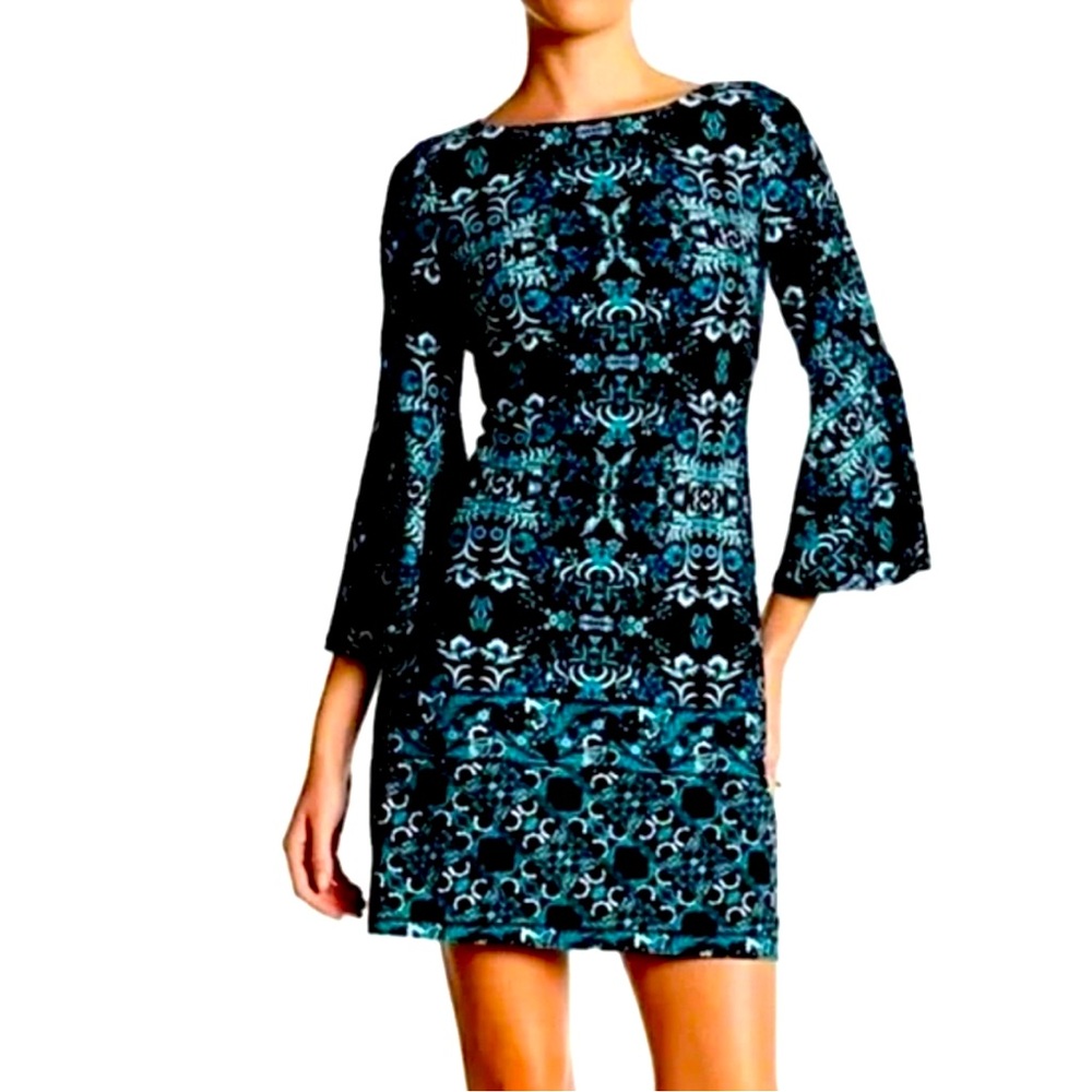 Vince Camuto Black and Teal Patterned Long Sleeve Dress